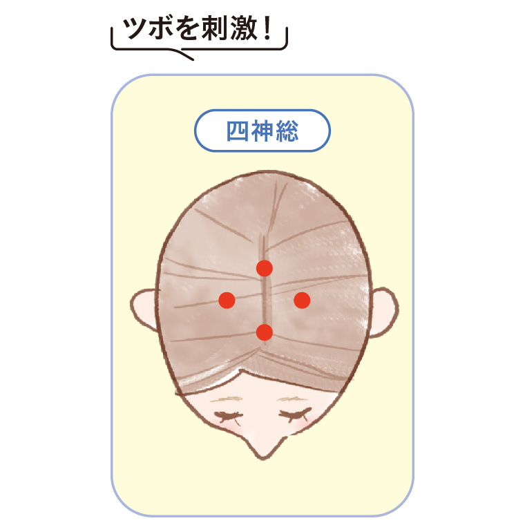 ツボ「四神総（ししんそう）」を押し、頭の血流を促す